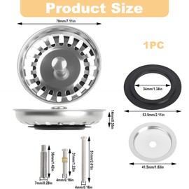 Universal Strainer Basket Drain Plug 79 mm, Drain Strainer Kitchen Sink, Stainless Steel, Sink Strainer Plug for Eccentric Operation, Sink Plug, Sink Accessories, Basket for Drain Fitting for Kitchen