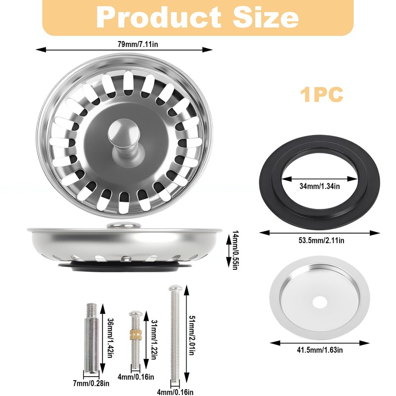 Universal Strainer Basket Drain Plug 79 mm, Drain Strainer Kitchen