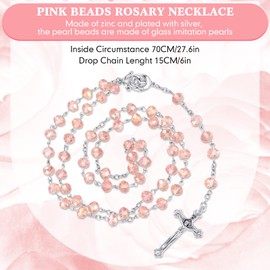 Pink Rosary Beads Necklace Catholic Metal Crucifix Charm Necklace Long Holy Prayer Beads Necklace with Medal Cross Crucifix Charm and Velvet Drawstring Bag for Women Men