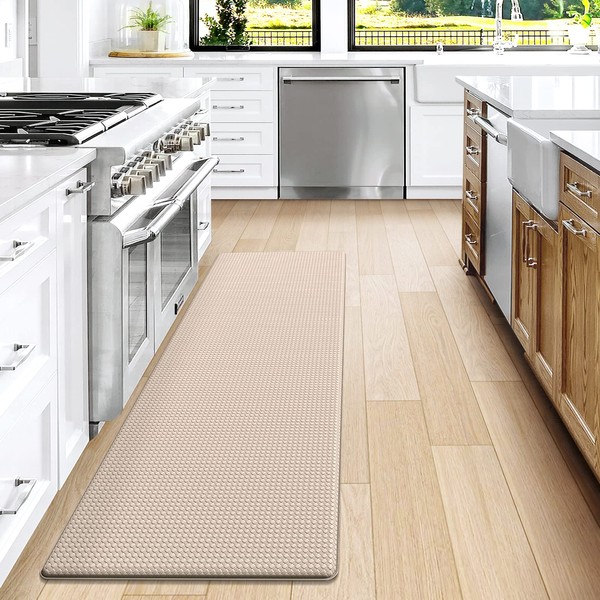 DEXI Kitchen Rug Runner Mat Anti Fatigue Non Skid Cushioned Comfort Standing Kitchen Mat Waterproof and Oil Proof Floor, Easy to Clean, 17"x59", Beige White