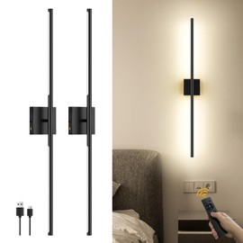 Black Linear Wall Sconce, Set of 2, Battery Operated, Dimmable LED Wall Lights with Remote, 360° Rotating, Wireless, Rechargeable Wall Lamp for Hallway, Living Room, Bedroom, 35-Inch