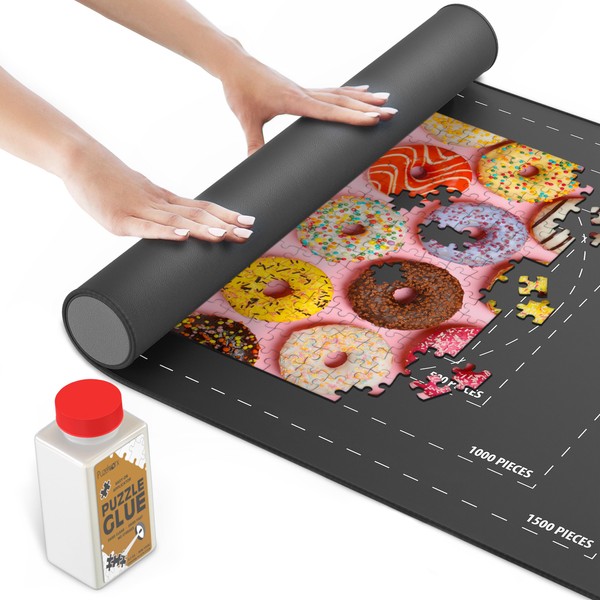 Puzelworx Puzzle Mat, Roll Up Puzzle Board for Jigsaw Puzzles - 1500 Pieces Protector, Saver, Organizer, Non-Slip Rubber Bottom, Foam Rolling Tube, Polyester Top w/Storage Bag + Bonus Puzzle Glue