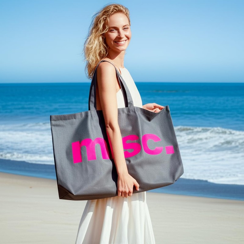 MASSIOSTAN Large Canvas Tote Bag, Reusable shopping bag (Grey/Neon Pink)
