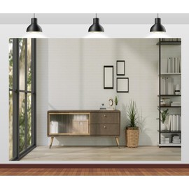 Loccor 7x5ft Fabric Modern Living Room Backdrop Minimal Scandinavian Interior Wooden Cabinet French Window White Wall Background Home Office Backdrop for Video Conference Photo Props