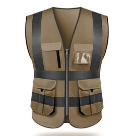 ZUJA High Visibility Reflective Safety Vest Multi Pockets Hi-Vis Vest Workwear Safety Waistcoat with Reflective Strips, Brown, Large