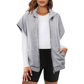 Fisoew Women's Zip Up Sweatshirts Sleeveless Oversized Casual Solid Color Sweatshirt with pockets