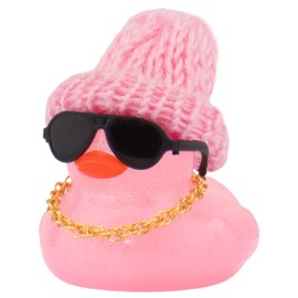 wonuu Car Dashboard Glitter Rubber Ducks, Festival Decorations Rubber Ducky for Car Ornament Cute Duck with Knit Hat, Glasses, Necklace, Pink