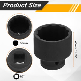 HARFINGTON 1/2" Drive x 36mm Shallow Impact Socket 12-Point Metric CR-V Steel Spindle Nut Impact Flip Sleeve for Home Auto Nuts Bolts Repair