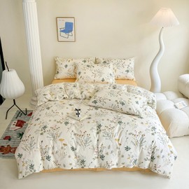 HighBuy Floral Duvet Cover Twin 100% Cotton Girls Yellow Floral Botanical Coquette Bedding Comforter Cover with Zipper Chic Cottagecore Twin Bed Duvet Cover Set 3 Pieces,Lightweight,Breathable