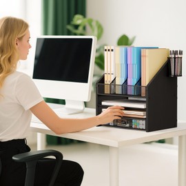 SWTYMIKI Desk Organizer with Drawers - Mesh and Wood Desk File Organizer with Pen Holders, 4-Tier Paper Organizer for Office Organizer and Accessorie, School and Home Storage, Black