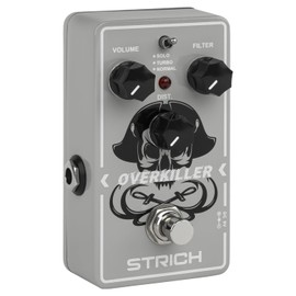 STRICH OVERKILLER Metal Distortion Pedal for Electric Guitar, Compact Mini Unit, True Bypass, 3 Control Knobs, Volume, Filter, Distribution, Three Modes, Solo, Turbo, Normal, 9V DC, Grey White
