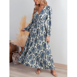 CUPSHE Maxi Dresses for Women V Neck Ruffled Long Sleeve Paisley Smocked Waist A Line Casual Fall Dress Navy Paisley, S