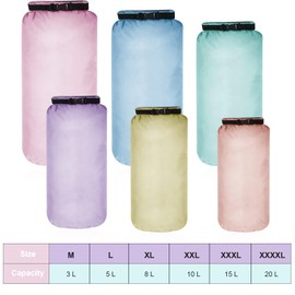 Set of 6 Waterproof Dry Bag Set, Lightweight Airtight Pack Sack Set, 20 L, 15 L, 10 L, 8 L, 5 L, 3 L Dry Bag and Long Adjustable Shoulder Strap for Kayaking, Macaroon colour, /