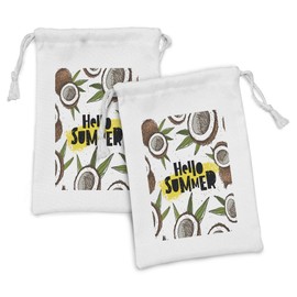 Ambesonne Hello Summer Fabric Pouch Set of 2, Abstract Summertime Concept Wording in Trend Lettering and Coconut Halves, Small Drawstring Bag for Toiletries Masks and Favors, 9" x 6", Multicolor