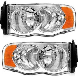 Headlight Assembly for 2002 2003 2004 2005 Dodge Ram 1500/2003-2005 Ram 2500 3500 Chrome Housing Clear Reflector Replacemen Left & Right