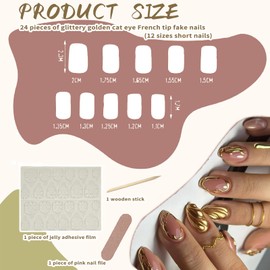 RUISPEED Gold Press on Nails – 24 Pieces Short Almond False Nails with 3D Gold Ribbed Design, Glossy Acrylic Full-Cover Stick-on Nails for Women & Girls, Nude Pink Manicure Set