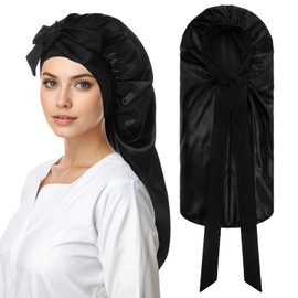 Wanmu Long Satin Bonnet for Braids, Sleep Braid Bonnet with Stretchy Tie Band for Women, Large Hair Sleep Cap for Night Sleeping, Curly Hair and Braids (Black)