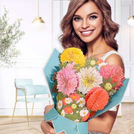 shynek Pop Up Flower Cards, Dahlia Popup Greeting Cards 12inch Flower Bouquet 3D Birthday Cards for Women with Blank Note Envelope for All Occasions Mother's Day, Congratulations, Get Well Gifts