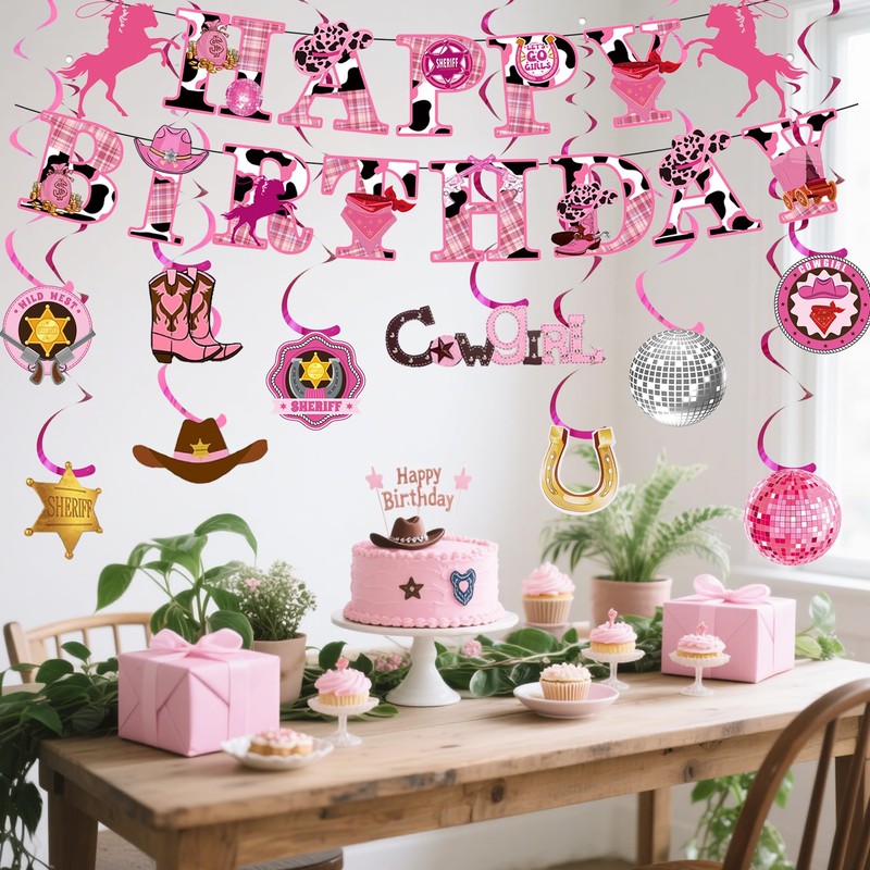 Cowgirl Birthday Party Decorations Girls - 29pcs Pink Western Theme