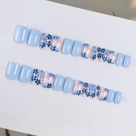 KQueenest Blue French Tip Press on Nails Short Square with Floral Design Full Cover Natural Nude Fake Nails Short French Glue on Nails with Cute Flower Acrylic Stick on Nails for Women 24 Pcs