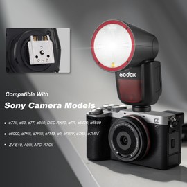 Godox V1S USA Version Flash with 2pack 76Ws 2600mAh Battery 2.4G TTL Round Head Speedlight 480 Full Power Shots 1/8000s HSS 1.5s Recycle Time 10 Level LED Modeling Lamp for Sony ZV-E10,α7711 etc