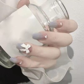 24 Count Nail Tips Royal Gray Gradient Nail with Bowknot on Ring Finger for Everyday Use, Coming-of-Age Ceremonies, Weddings, Nails