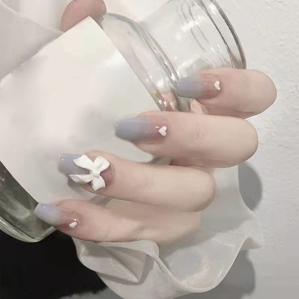 24 Count Nail Tips Royal Gray Gradient Nail with Bowknot