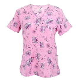 Green Town Women's Performance Stretch Mock Wrap Medical Scrub Tops, Pink Flowers, Large