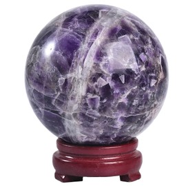 JIC Gem 3.1-3.5 inch(80-90mm) Large Crystal Ball Chevron Amethyst Healing Crystals Sphere with Wooden Stand Meditation Home Decor