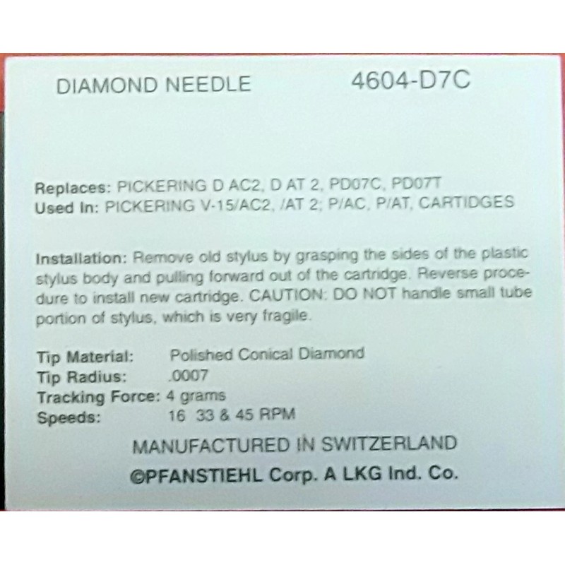 Pfanstiehl NEEDLE STYLUS for PICKERING PD07C PD07T DAT2 V15/AC2 V15/AT1
