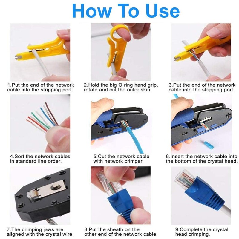 3DBUYER RJ45 50pcs Crimping Tool Kit, All-in-One Tool Cuts, Strips,