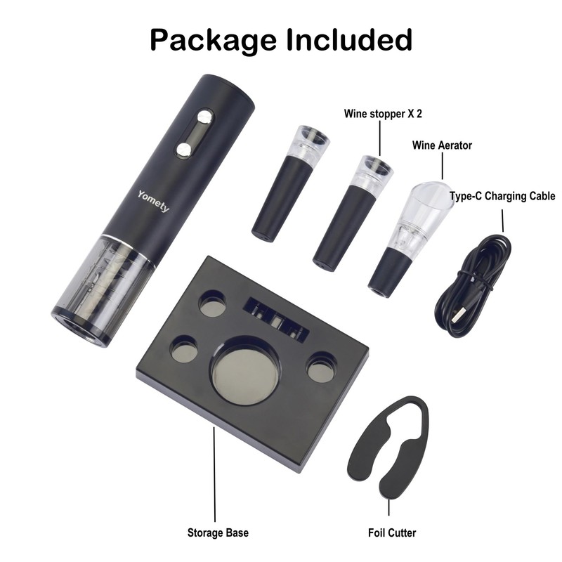 Electric Opener Set With Base, Accessories Including Rechargeable Corkscrew, Aerator,