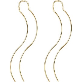Gold Plated 925 Sterling Silver Post Threader Earrings for Women | Minimalist Gold Chain Earrings Double Piercings | Dangle Twist Wavy Earrings (Golden, One size)