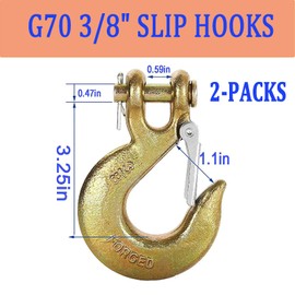 AurDo 2PACK 3/8" Clevis Slip Hooks with Safety Latch,G70 Forged Steel Heavy Duty Tow Chain Hooks Clevis Grab Hook,Working for Trailer Truck Transport Towing and Chain.