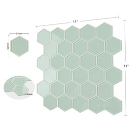 CASAPALACE Glass Backsplash Peel and Stick Hexagon Tile, Green Backsplash Honeycomb Mosaic Stick on Wall Tiles for Kitchen Bathroom (5 Sheets)