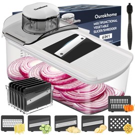 Ourokhome Vegetable Mandolin Slicer, Hand Safe Kitchen Food Shredder with 6 Mandoline Blades, Veggie Waffle Cutter for Potato, Carrot, Zucchini, Onion, Essential Kitchen Gadgets (6 in 1, White)
