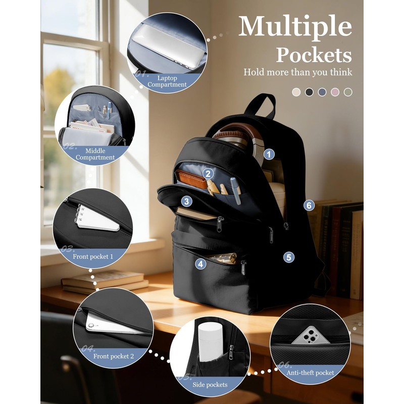 WEPOET Lightweight School Backpack for Women Men, Multi Pocket Backpack