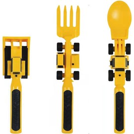 Juego de Cubiertos para Niños con Temática de Construcción, 3 Piezas (Cuchara, Tenedor, Pala), Sin BPA, Fomenta la Alimentación Autónoma de los Pequeños, Apto para Lavavajillas,