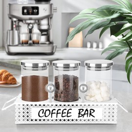 DYGZBLHT Glass Coffee Containers with Shelf 3x 47oz Coffee Station Organizer Glass Coffee Bean Storage with Spoon Coffee Canister Set Jars for Coffee Bean Ground Nuts