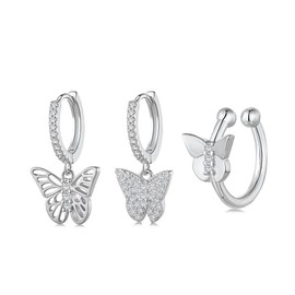 VIFE 925 Sterling Silver butterfly Drop Hoop Earrings for Women 5A Cubic Zirconia Hoop Earrings 3 pcs Cuffs Earrings (Silver)