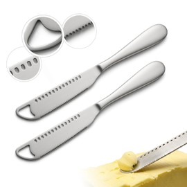 2 Pack Stainless Steel Butter Knife Set - 3 in 1 Butter Spreader Knife, Butter Knives with Cold Butter Curler & Cheese Slicer