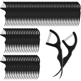 Baderke 100 Count Dual Line Floss Picks Dental Floss Sticks Bulk Non Breakable Toothpicks Double String Tooth Picks Flossers for Adults Teeth Cleaning Family Travel(Black)