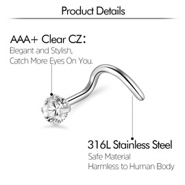 ONESING 24 Pcs 20G Corkscrew Nose Rings for Women Silver Nose Rings Studs Stainless Steel Nose Piercings Jewelry Hypoallergenic Nose Screw for Women Men