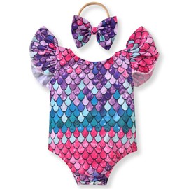 Newborn Infant 0-6 Months Baby Girls Swimsuit One Piece Ruffle Bathing Suit with Headband Mermaid Bikini Swimwear Beach Wear