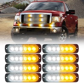 Xprite 8PCS LED Emergency Strobe Lights, Amber White 12-LED Surface Mount Flashing Strobe Lights, Sync Feature Ultra Slim Grill Light for Off-Road Vehicles ATV SUV Trucks Cars