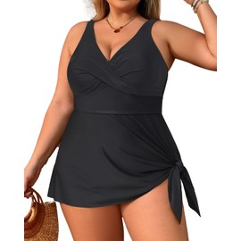 Daci Plus Size One Piece Swimsuits for Women Flowy Asymmetrical Hem Swim Dress with Shorts Built in, Black, 24 Plus