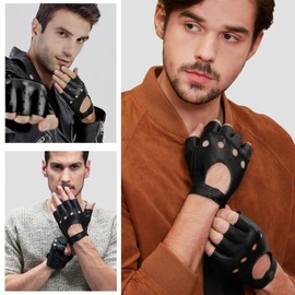 GSG SINCE 1998 Mens Fingerless Leather Driving Gloves Half Finger Sheepskin Unlined Black X-Large