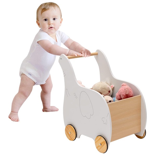 GLACER 2-in-1 Baby Learning Walker, Wooden Toy Stroller w/Rubber Ring Wheels, Kids Elephant-Shaped Shopping Cart, Toddler Push & Pull Wagon Cart for Over 1 Year Old, Gift for Boys & Girls, White