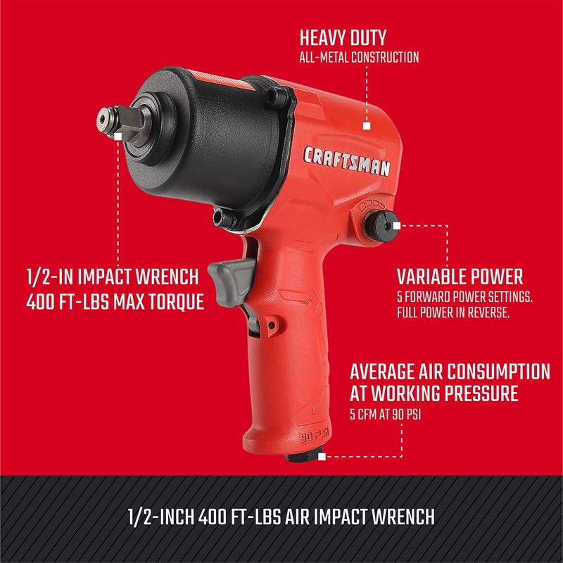 CRAFTSMAN ½-in 400-ft-lbs Air Impact Wrench, Heavy-Duty All-Metal Build, Variable