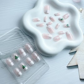 24 Pcs Christmas Press on Nails Short Square French Tip Fake Nails with Glitter Designs Winter Snowflakes False Nails Christmas Tree Acrylic Nails Glue on Nails Xmas Artificial Nails for Women Girl